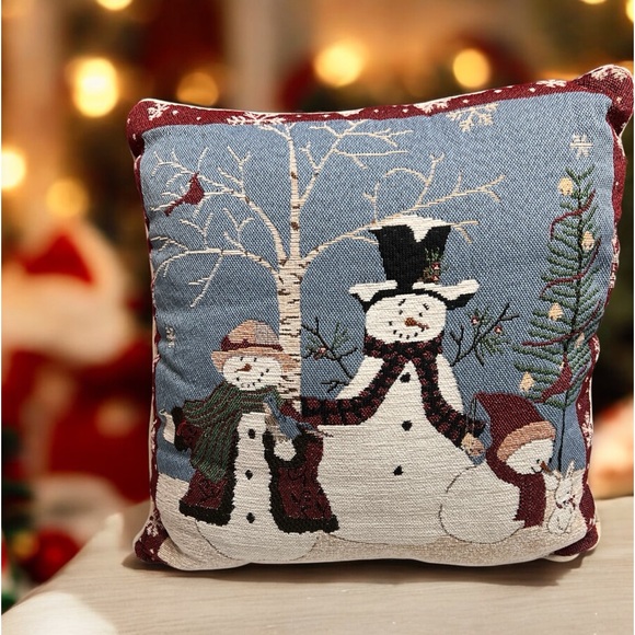 Vintage Tapestry Winter‎ Wonderland Snowman Pillow approx 16x16 - Picture 1 of 10